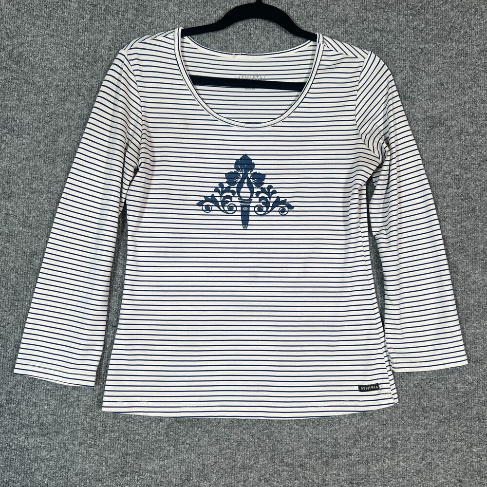 Athleta Shirt Womens Small White Blue Striped Performance Stretch 3/4 Slv Tshirt
